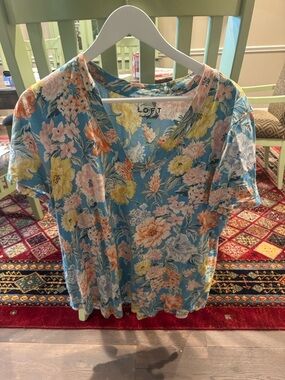 LOFT Floral Short Sleeve Tee in Light Blue with Multi-Color Blooms